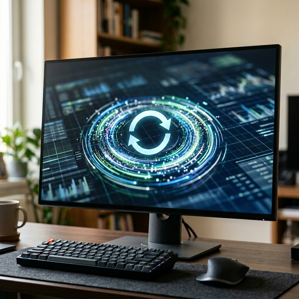 Computer screen showing refreshing content progress at 78% with circular digital interface
